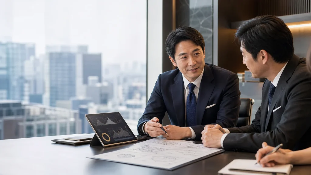特許ポートフォリオの譲渡について経営者とM&Aアドバイザーが相談している様子