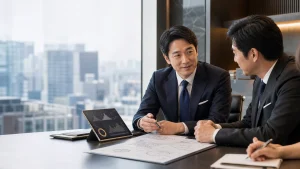 特許ポートフォリオの譲渡について経営者とM&Aアドバイザーが相談している様子