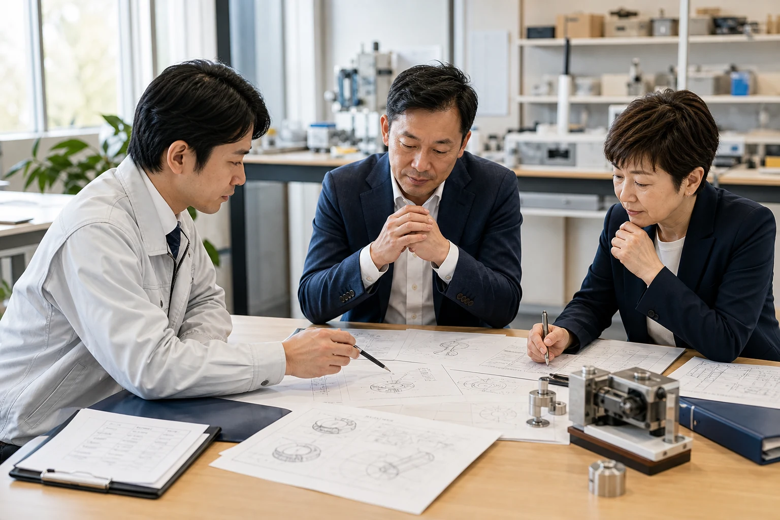 技術者と経営者とM&Aアドバイザーが特許ポートフォリオを整理する様子