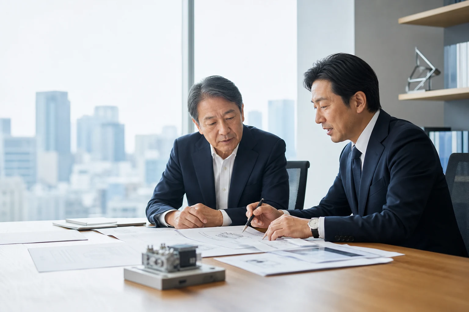 特許保有企業の経営者とM&Aアドバイザーが特許図面を確認する様子
